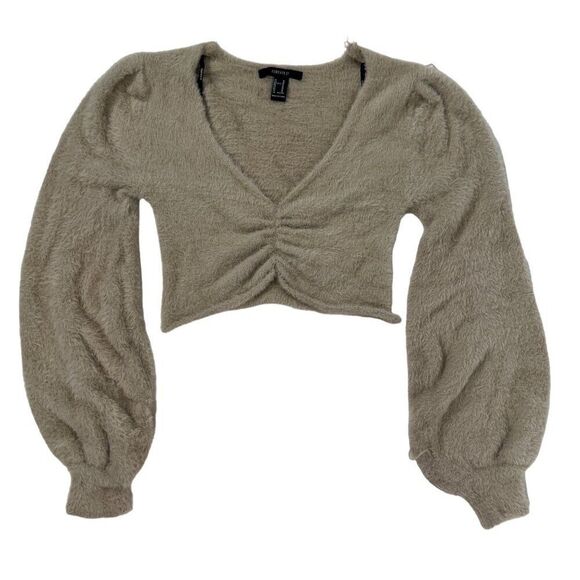 Womens Beige Boho Cottagecore Long Sleeve Faux Fur Fuzzy Sweater Crop Top / M - Picture 5 of 9